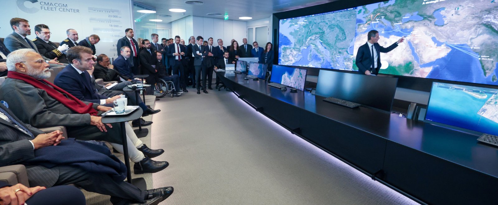 Prime Minister Shri Narendra Modi & President of the French Republic, H.E. Mr. Emmanuel Macron visited the control room of CMA-CGM, a French shipping and logistics company in Marseille, France